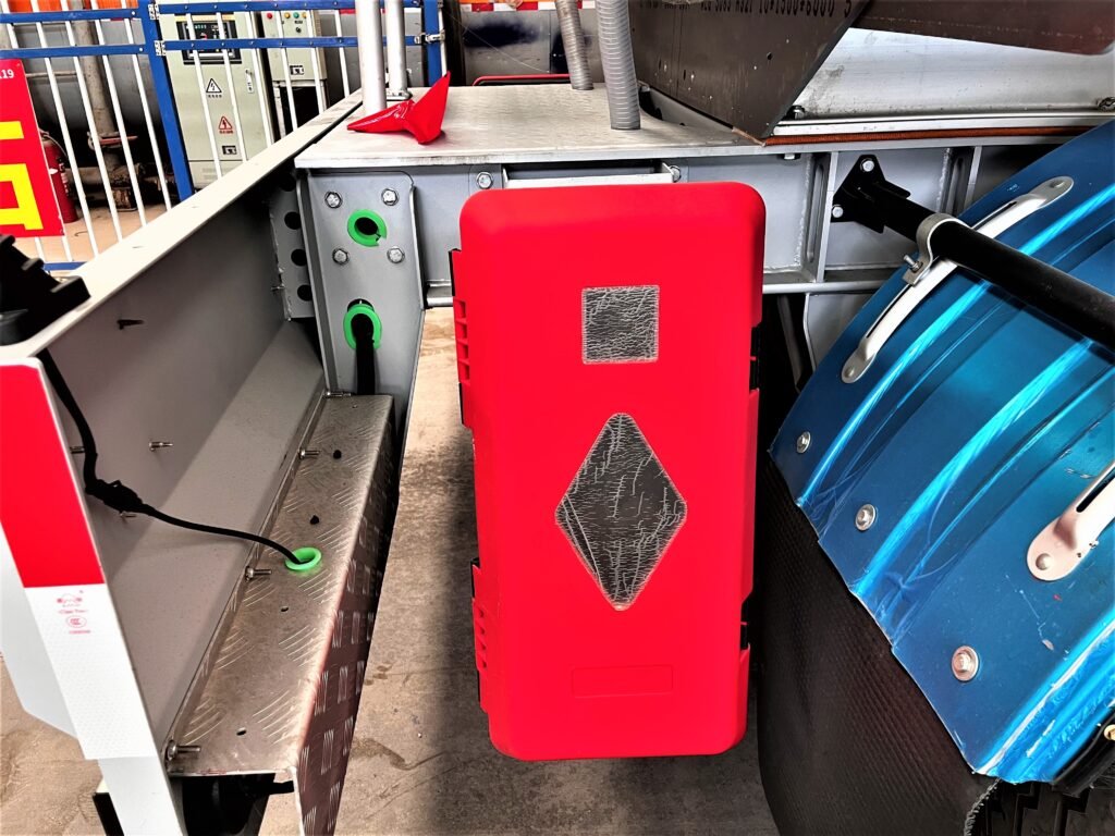 Fire extinguisher mounted on ZW Group fuel tanker trailer for safety compliance