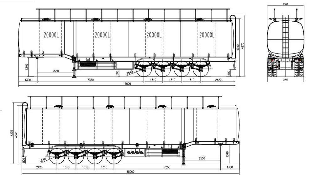 4-Axle Asphalt Tanker Trailer technical design drawing for fuel and asphalt transport