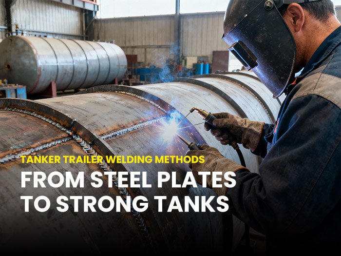 Tanker trailer welding process in factory, showing steel plates and welds