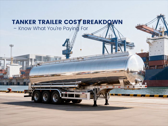 Fuel tanker semi-trailer parked at port, showing cost components for tanker trailer purchase